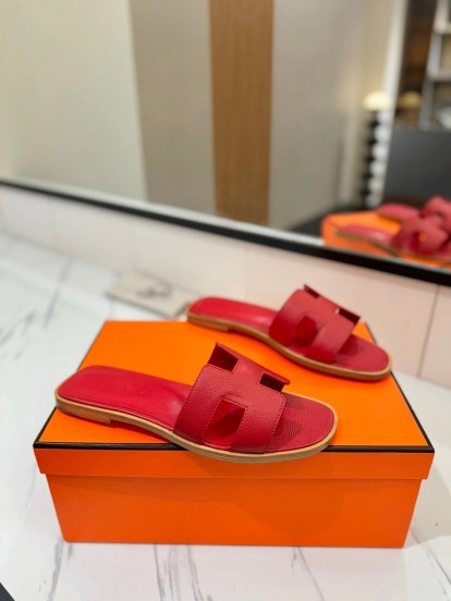 2025 Women Hermès Red Leather Slippers