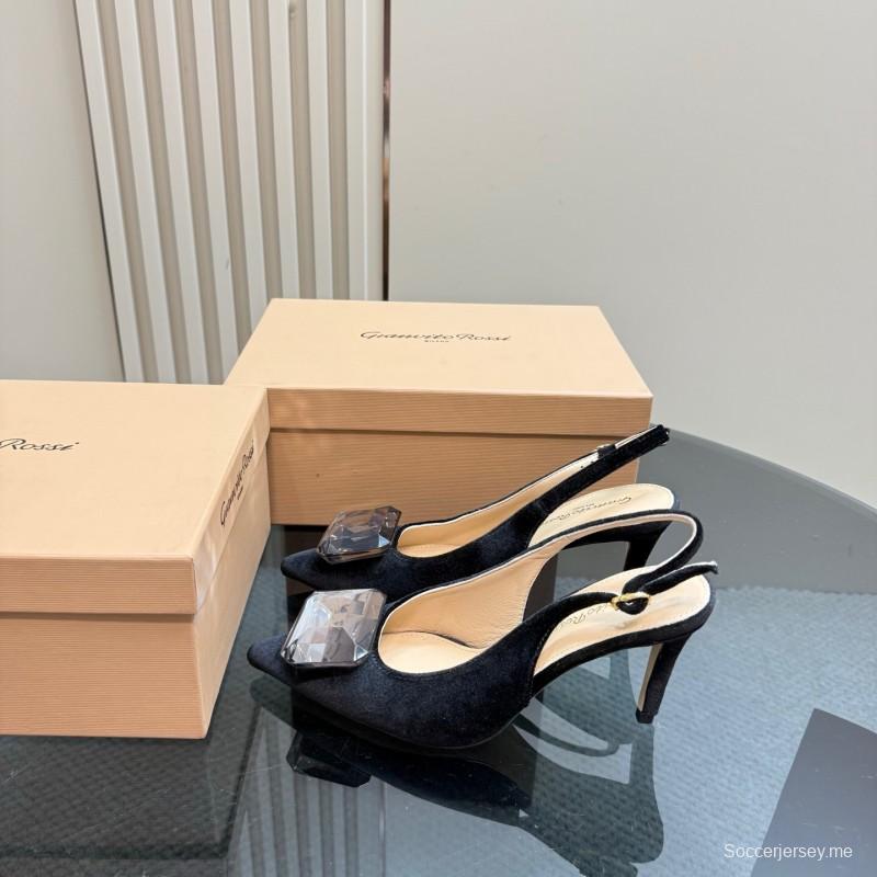 2025 Women Gianvito Rossi Black Velvet Slingback Heels Gemstone Decoration KFY00300