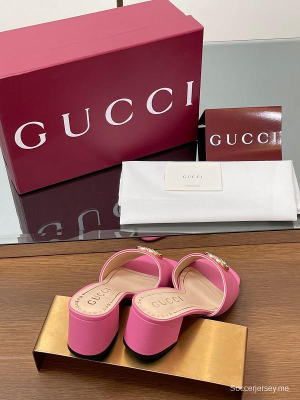 2025 Women Gucci Pink Lambskin Mid Heel Crystal GG Buckle Slide LY00280