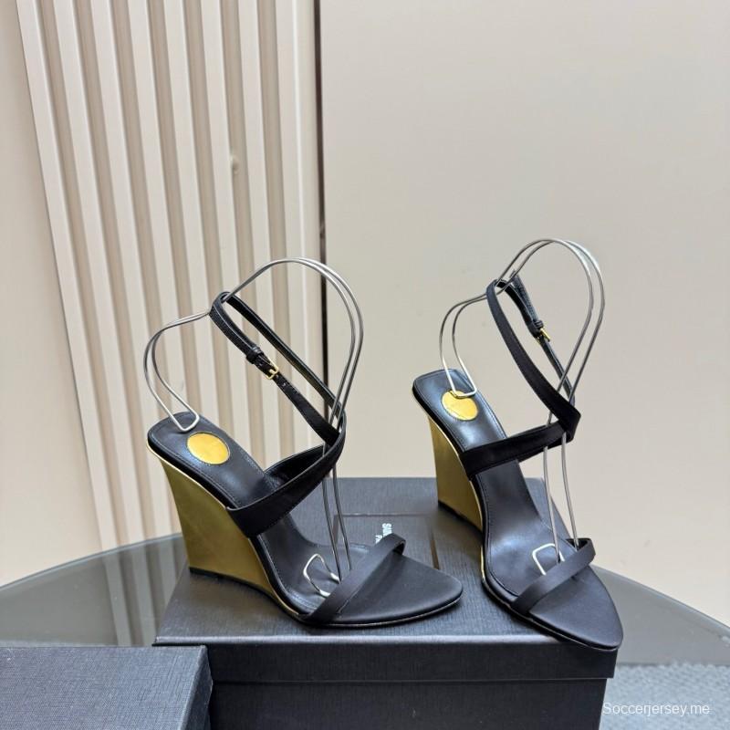 2025 Women Yves Saint Laurent Black And Gold Wedge Sandals Premium Leather Elegant Design LY00360(F)