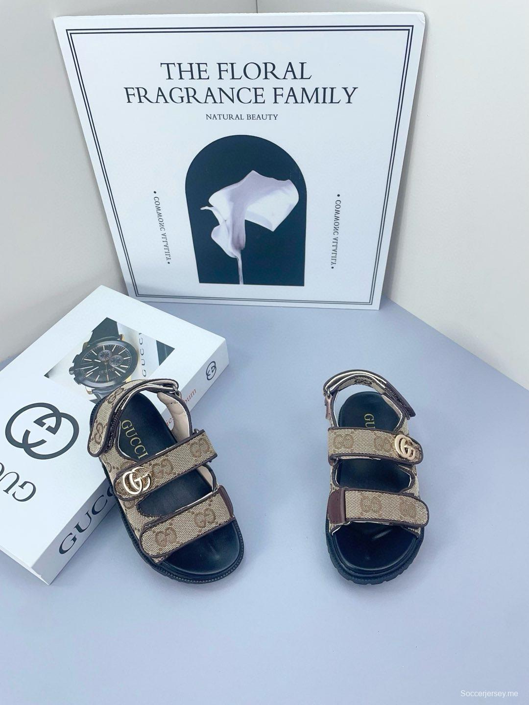 2025 Kids Gucci Black Brown Canvas Leather Sandals