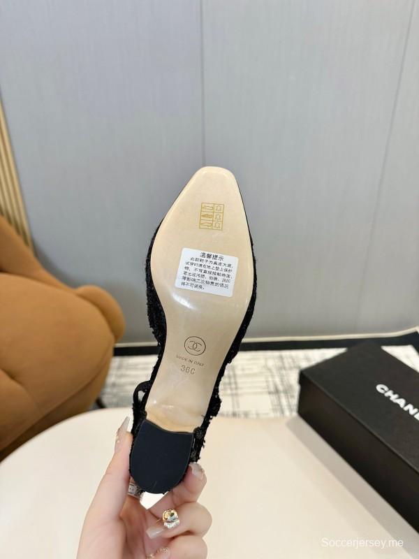 2025 Women Chanel Black Wool Leather Slingback Pumps