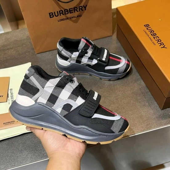2025 Unisex Burberry Black White Suede Leather Mesh Sneakers Vintage Pattern MJ00360