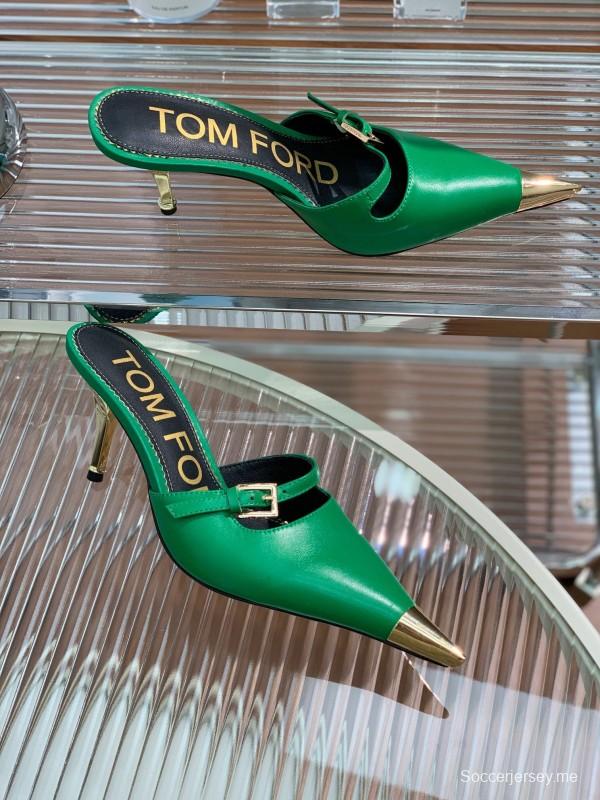 2025 Women TOM FORD Green Gold Leather Pointed Toe Mules KFY00300