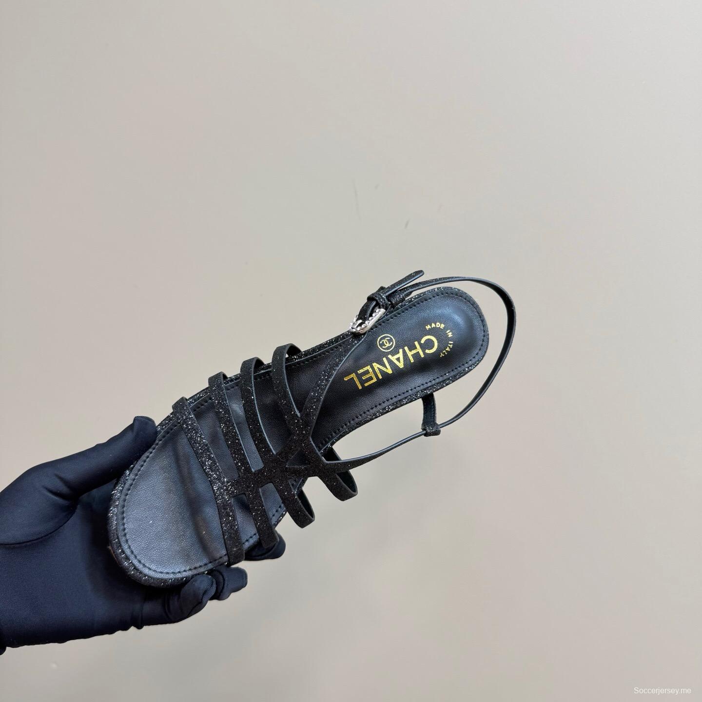 2025 Women Chanel Black Leather Sandals KFY00290