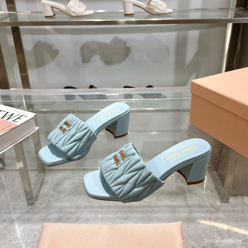 2025 Women Miumiu Light Blue Sheepskin Heeled Sandals