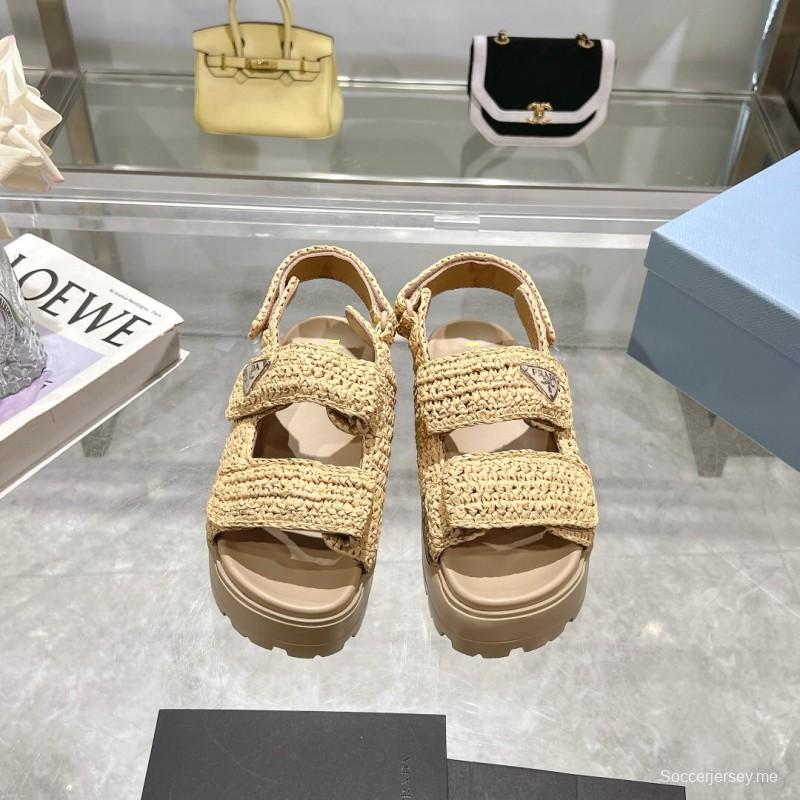 2025 Women Prada Beige Woven Leather Platform Sandals