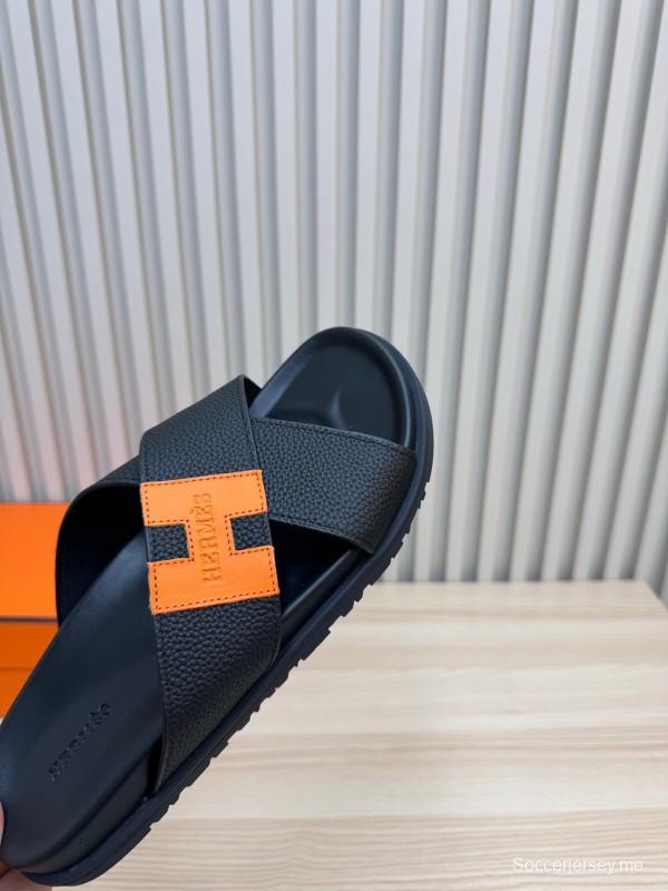 2025 Slippers Hermès Black Orange Leather Slippers