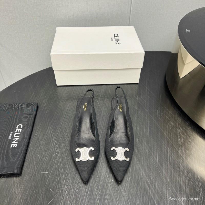 2025 Women Celine Black Fabric Leather Slingback Kitten Heels KFY00290