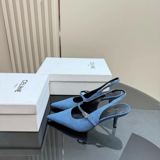 2025 Women CELINE Blue Denim Suede Slingback Pumps KFY00290