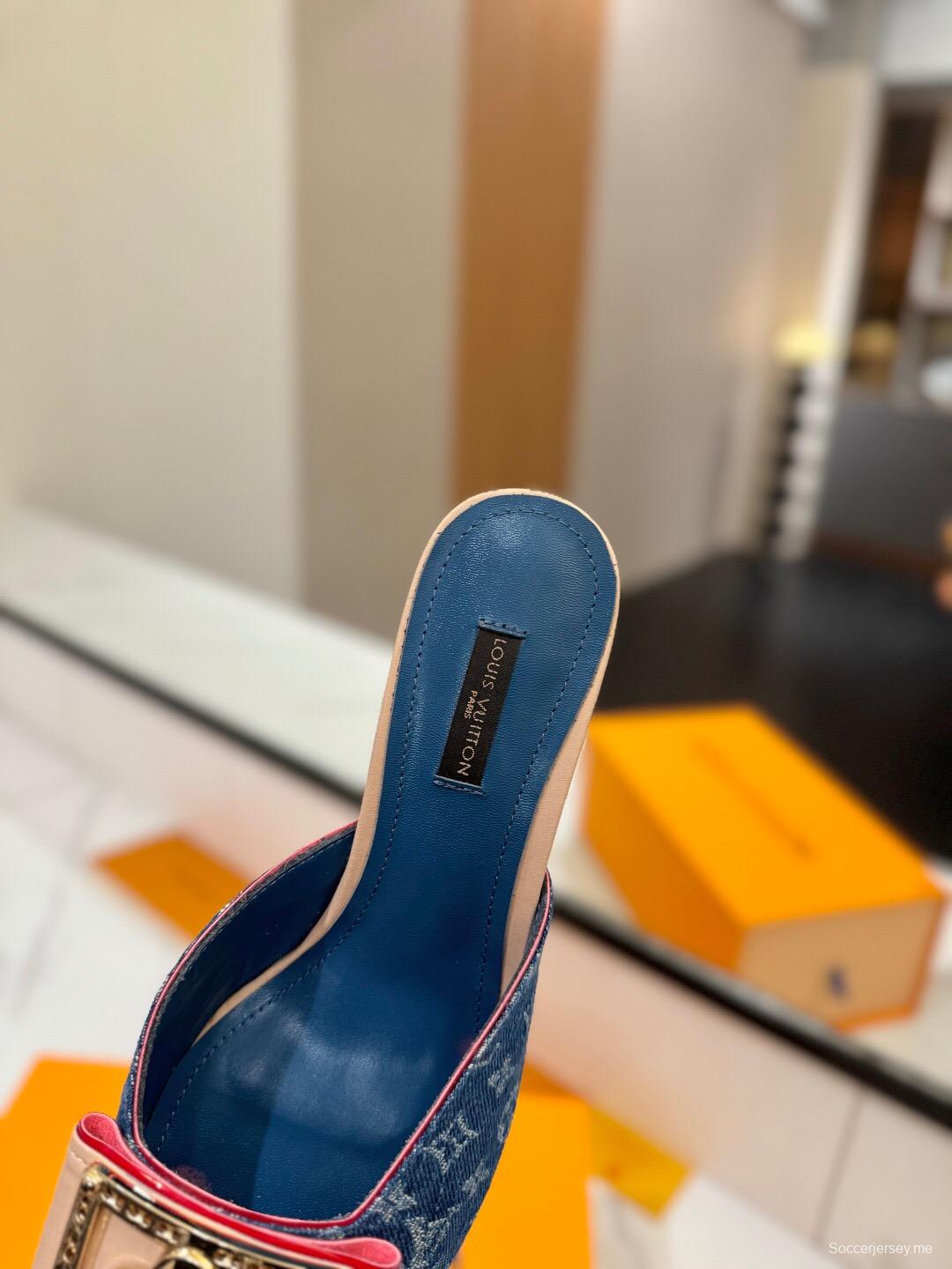 2025 Women Louis Vuitton Blue Denim Leather Mule Hardware KFY00320