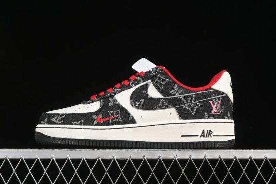 Nike Air Force 1 '07 Low LV Collaboration Black Denim Red Swoosh Casual Sneakers - LW9279-001