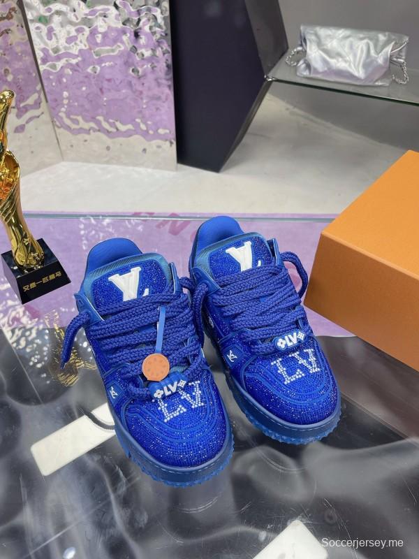 2025 Women Louis Vuitton Blue Crystal Trainer Original Custom Bing Bing Luxury Crystal Rhinestone High Temperature Hot Pressing TPU Sole AS00420