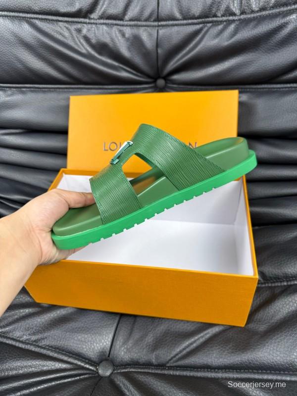 2025 Men Louis Vuitton Green Leather Slippers AS00170