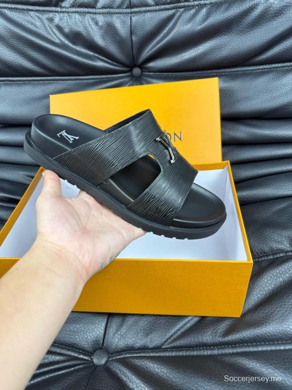 2025 Men Louis Vuitton Black Leather Slippers AS00170