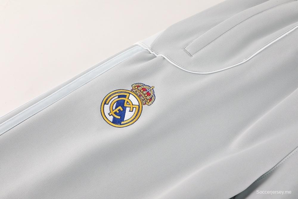 25/26 جاكيت ريال مدريد رمادي كامل بسحاب + بنطلون طويل