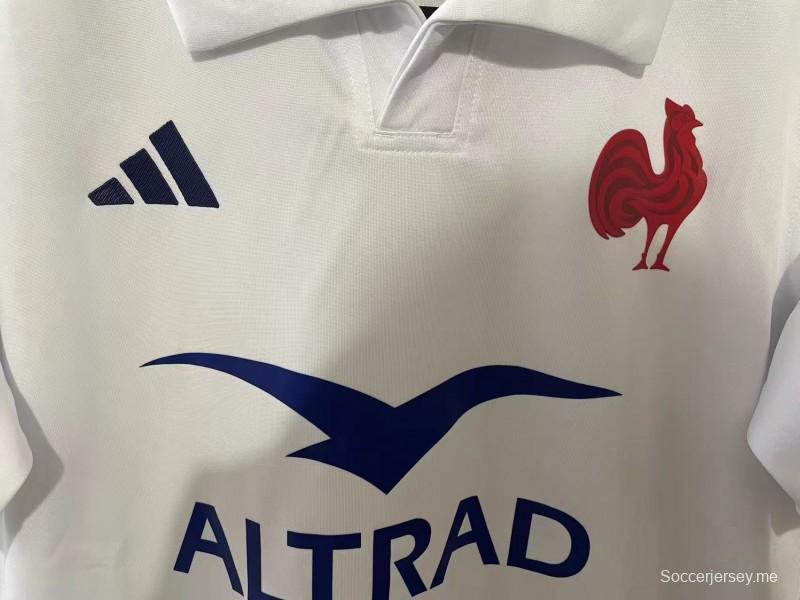 2025 فرنسا قميص فرنسا أبيض بخطوط زرقاء وحمراء خارجي