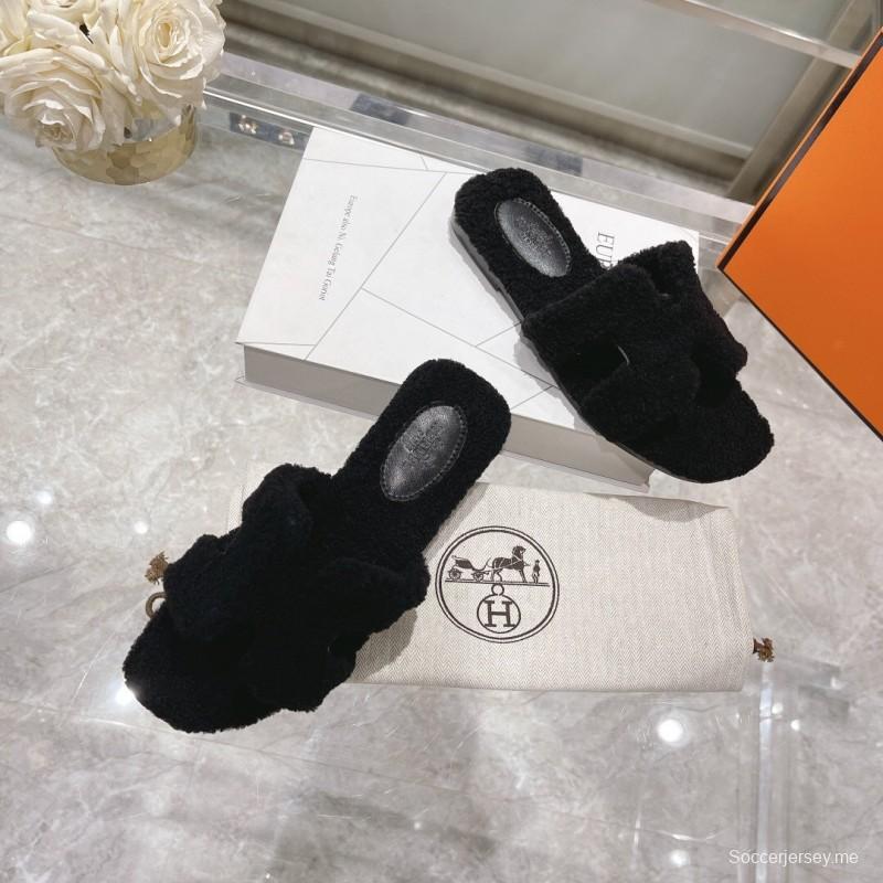 H Teddy Wool H Slippers Flat Sole Autumn Winter - LY00240