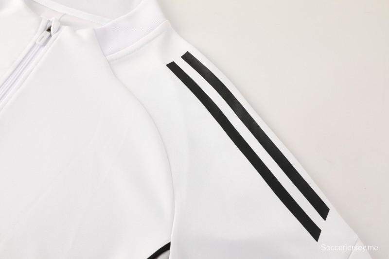 25/26 أديداس جاكيت رياضي أبيض بسحاب كامل + بنطلون طويل + جاكيت أديداس أبيض