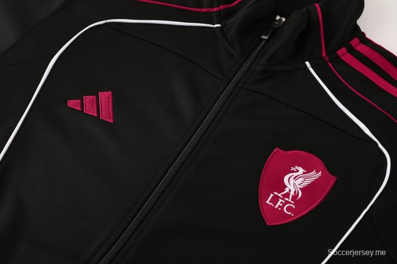 25/26 نادي ليفربول لكرة القدم سترة رياضية بسحاب كامل أسود + بنطلون طويل + سترة رياضية + بنطلون طويل