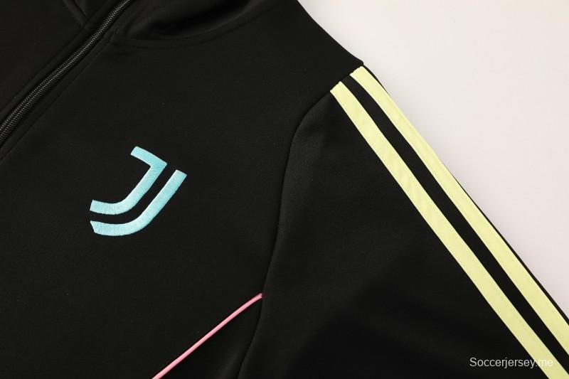 25/26 يوفنتوس جاكيت رياضي أسود بسحاب كامل أسود + بنطلون طويل + جاكيت رياضي أسود