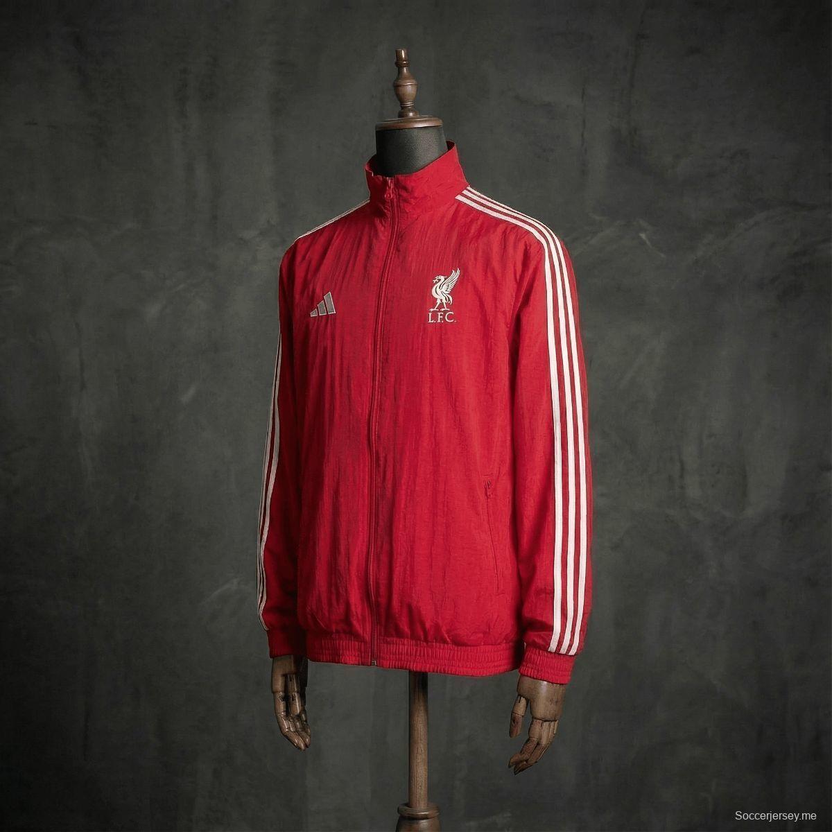 2026 سترة ليفربول حمراء وبيضاء قابلة للانعكاس بسحاب كامل
