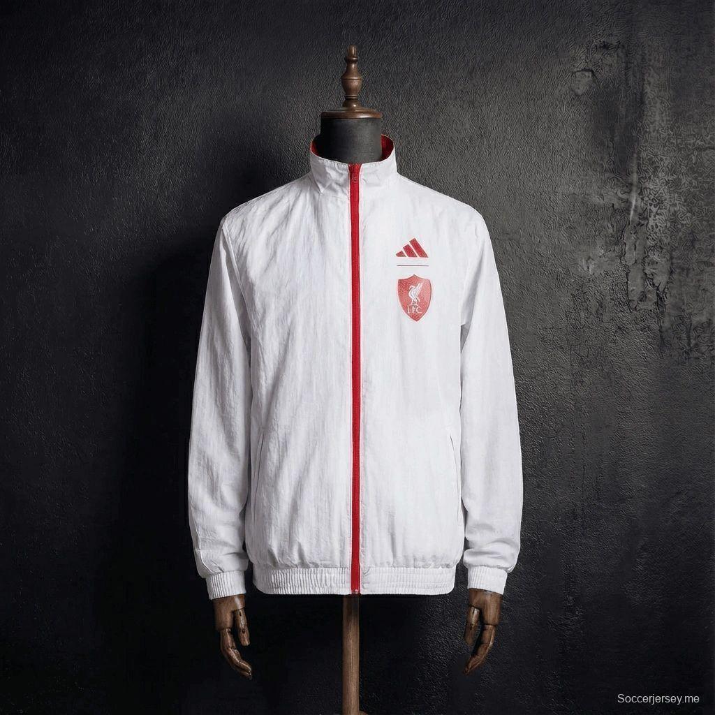 2026 سترة ليفربول حمراء وبيضاء قابلة للانعكاس بسحاب كامل