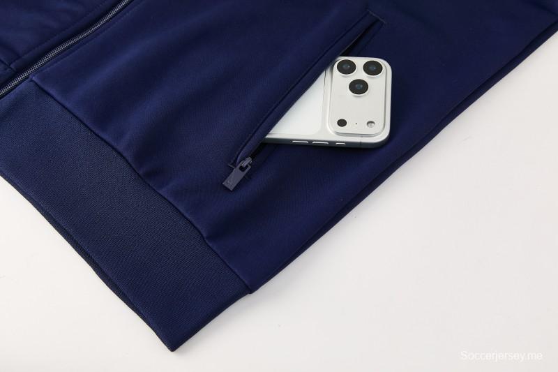 2026 سترة أديداس باللون الأزرق الداكن بسحاب كامل + بنطال طويل