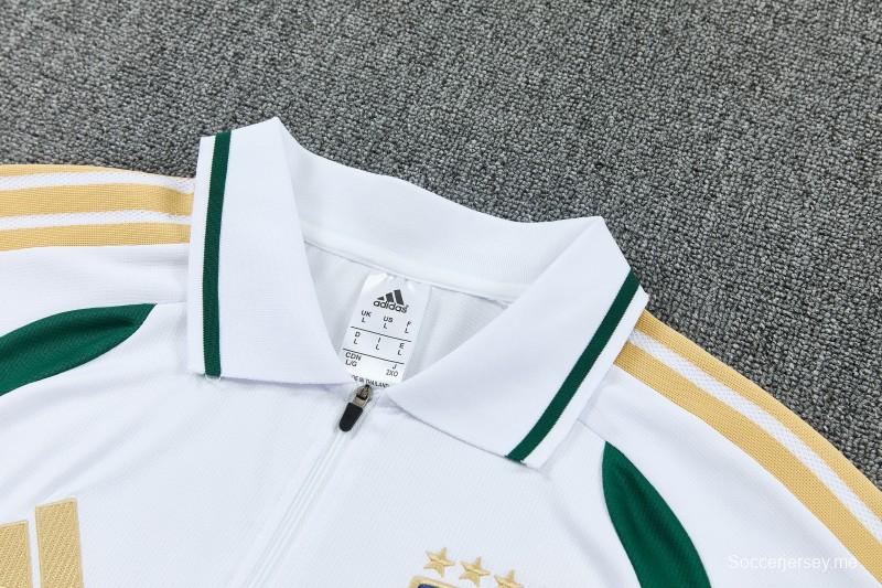 طقم رياضي إيطالي لعام 2026 باللونين الأبيض والأخضر، بولو بأكمام قصيرة وسحاب نصف طول + بنطال طويل