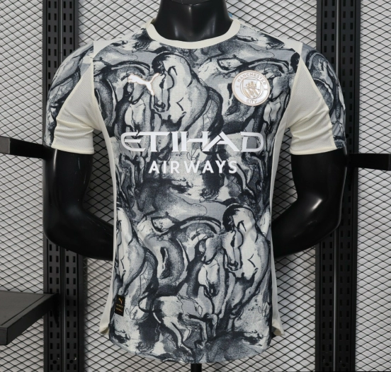 25/26 Player Version Manchester City White with Black Marble Abstract Art Pattern Jersey