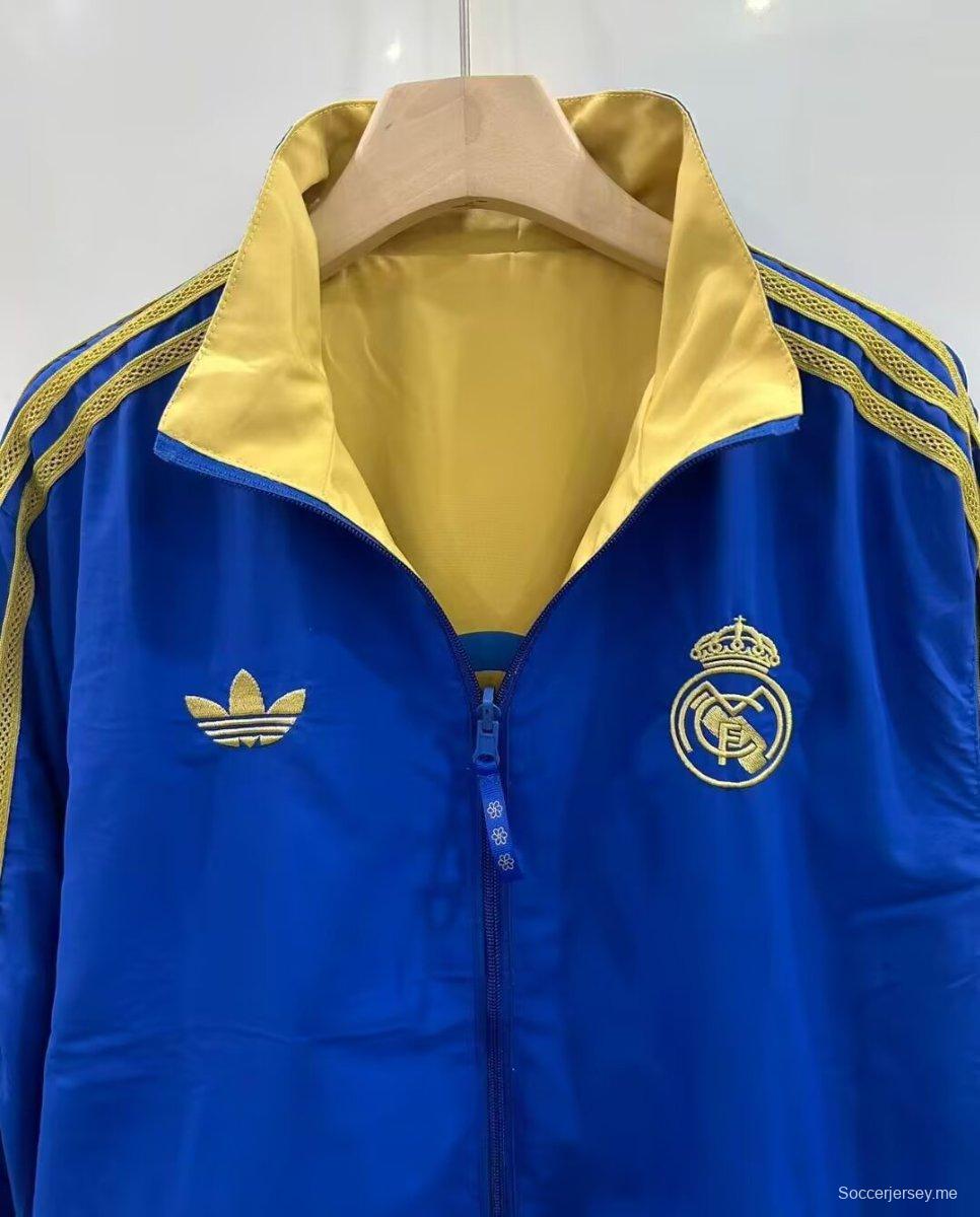 25/26 ريال مدريد ذهبي/أزرق سترة واقية من الرياح بسحاب كامل