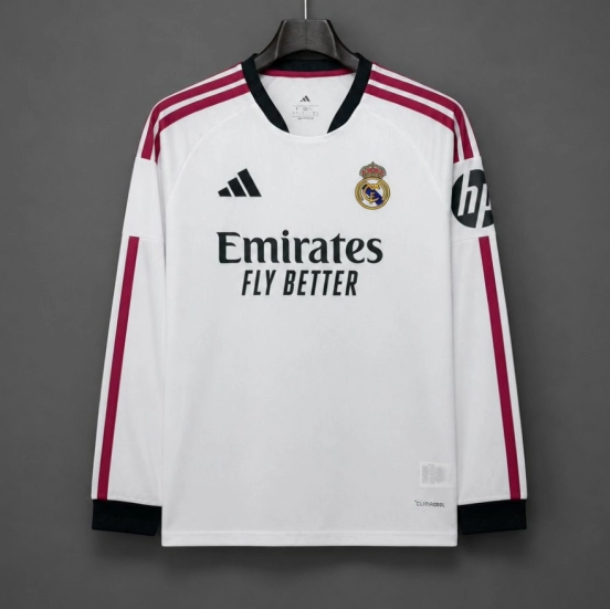 26/27 قميص ريال مدريد الأبيض بخطوط بورجوندي طويل الأكمام (قميص المباريات على أرض الفريق)